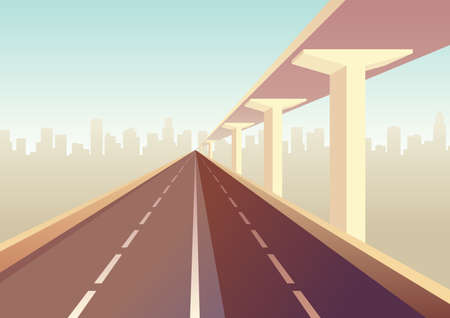 Empty two lavels speed highway. Straight road through to city landscape. Metropolis on background. Asphalt way and town land viewのイラスト素材