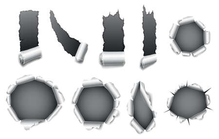 Paper hole collection of gray torn paper. Torn sides over dark paper background with space for text. Realistic torn paper templateのイラスト素材