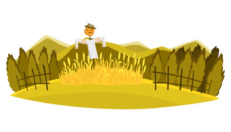 Farm landscape. Agriculture field, rural nature scene. Ruralfield panorama with stuffed to scare away birdsのイラスト素材