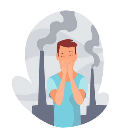 Allergic reactions concept. Symptoms of disease. Man with hypersensitivity and reaction of immune system on air pollutionのイラスト素材