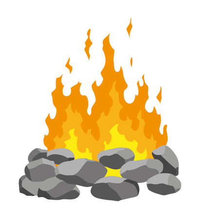 Fireplace campfire type. Burning wood, travel and adventure symbol. Vector bonfire or woodfire in cartoon flat style. Tourist bonfires in stackのイラスト素材