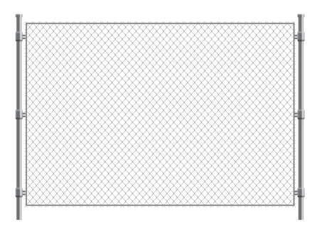 Metal wire fence and gate. Chain-link fence fragment with metallic pillars. Secured territory, protected area or prison fencing. Wire grid constructionのイラスト素材