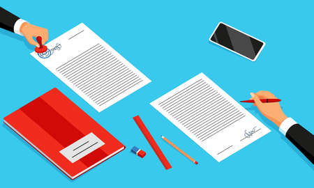 Notary service advertisement. Legal document with hand witnessing legal documents by seal or stamp....