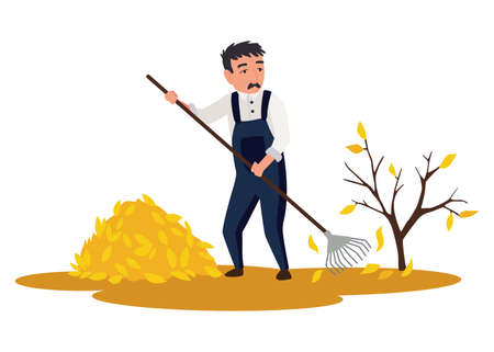 Professional gardener working on backyard acollects fallen leaves with rake. Male handyman making autumn cleaning in garden. Colored flat cartoon vector illustration of workerのイラスト素材