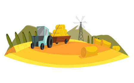 Farm landscape. Agriculture field, rural nature scene. Ruralfield panorama with working tractorのイラスト素材