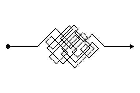 Arrow chaos mindset mess. Doodle knot line concept with freehand scrawl sketch. Vector hand drawn difficult thought process. Tangle pathのイラスト素材