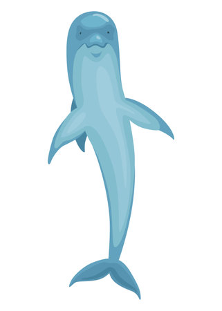 Dolphin cartoon character. Ocean mammal in motion isolated on white. Vector illustration of sea life blue fish or wild nature animalのイラスト素材