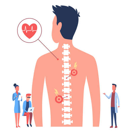 Osteopathy spine pain treatment. Patient male standing back, doctors looking at her spine flat vector illustration. Disease diagnosis. Bone healthのイラスト素材