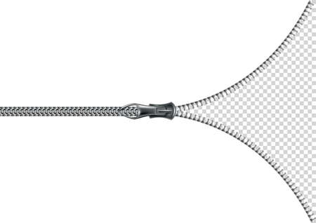 Zipper open background. Half opened flat isolated metalic zipper on transparent background. Accessory or clothes element. Vector design illustrationのイラスト素材