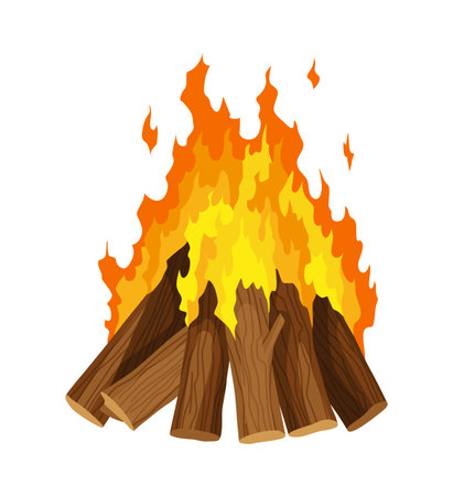 Fireplace campfire type. Burning wood, travel and adventure symbol. Vector bonfire or woodfire in cartoon flat style. Tourist bonfires in stackのイラスト素材