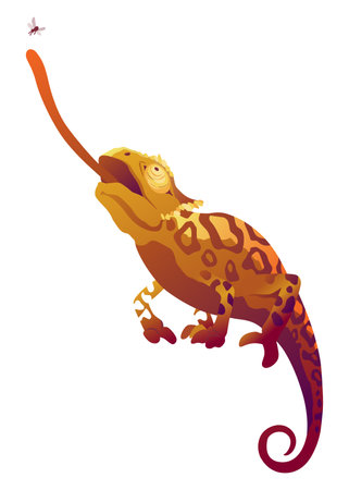 Chameleon lizard. Reptile with curved tail and camouflage skin, tropical wildlife. Exotic animal closeupのイラスト素材