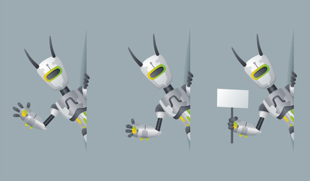 Robots look out corner. Robotic information banners mockup interface design. Cyborg characters for presentation, online help technologyのイラスト素材
