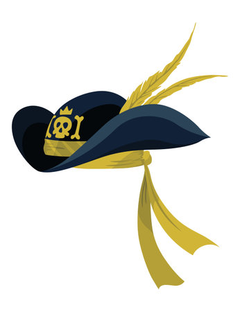 Corsair or pirate hat. Pirate fancy dress, design element. Buccaneer or carnival costume hat. Sea piracy cap fashion, headdress accessory to party with rogerのイラスト素材