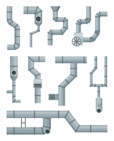 Ventilation pipe set. Vent system elements. Isolated cartoon parts. Air system, steel pipes details constructor on white backgroundのイラスト素材