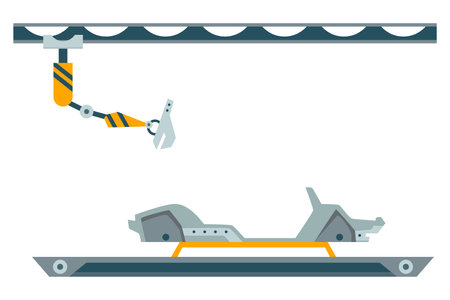 Factory assembly line. Industry robot arm assemble car on conveyor belt. Automobile factory with automated manufacture. Vehicle production process with innovative equipment. Robotic automotiveのイラスト素材