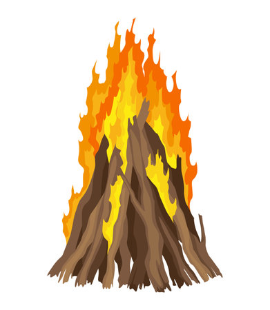Fireplace campfire type. Burning wood, travel and adventure symbol. Vector bonfire or woodfire in cartoon flat style. Tourist bonfires in stackのイラスト素材