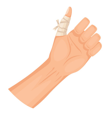 Hands injured skin and procedures of bandaging. First aid for wound. Medicine cure or treatment. First emergency help for human hand traumaのイラスト素材