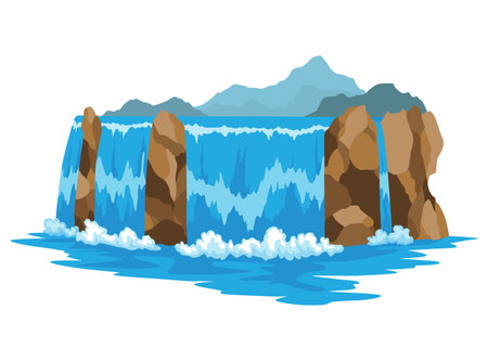 Cartoon river cascade waterfall. Landscape with mountains and trees. Design element for travel brochure or illustration mobile game. Fresh natural waterのイラスト素材