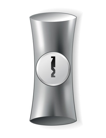 Metal or steel secure keyhole. Element for door locks, template. Realistic silver or chrome key hole mockup isolated on white backgroundのイラスト素材