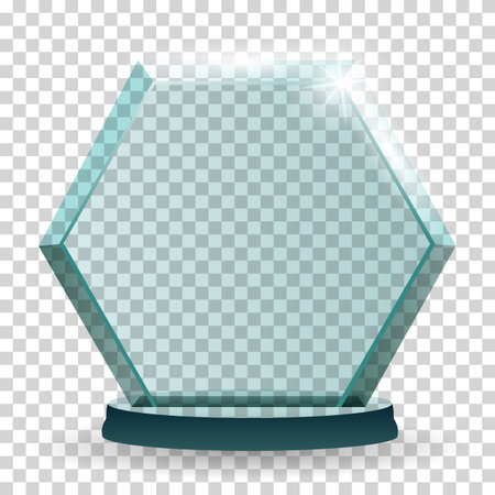 Glass trophy award. 3D winner prize from transparent material. Achievement glass for winner championship. Realistic icon of challenge prize. Crystal form on standのイラスト素材