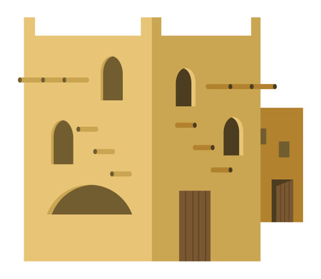 Middle east. Arabic desert with traditional mud brick houses. Ancient building. Flat vector illustrationのイラスト素材