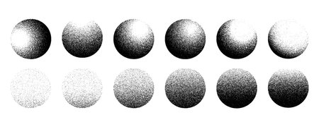 Dotwork noise gradient circles. Sand grain effect. Black noise stipple dots patterns. Abstract...