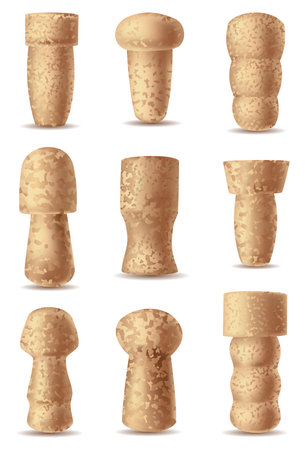 Corks wine stopper. Set corkwood plugs. Wine stoppers of different shapes. Wooden bungs for bottle, equipment for alcohol winery production. Wooden textured cartoon styleのイラスト素材