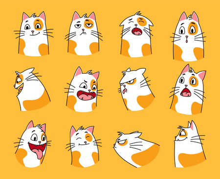 Cats expressions set. Cartoon pets with cute emotions, creative emoji of home animal. Vector illustration of funny mood of cat with big eyes isolated on yellow backgroundのイラスト素材