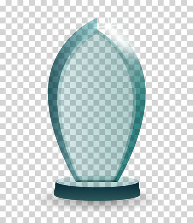 Glass trophy award. 3D winner prize from transparent material. Achievement glass for winner championship. Realistic icon of challenge prize. Crystal form on standのイラスト素材