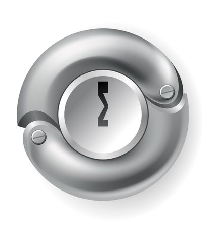 Metal or steel secure keyhole. Element for door locks, template. Realistic silver or chrome key hole mockup isolated on white backgroundのイラスト素材