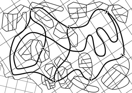 Navigation map game in monochrome. Futuristic UI for city streets roadmap, gps orientation, app vector template. Road direction in digital navigation map on screen displayのイラスト素材