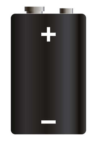 Battery. Glossy black realistic alkaline or rechargeable battery. Design blank mockup template for branding. Vector graphic element, isolated on whiteのイラスト素材