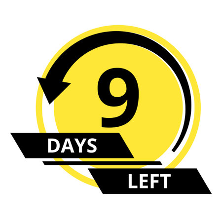 Countdown of days. Number 9 of days left to go. Promotional banner. Price offer promo deal timer, nine day only. Stylized counter in black and yellow colorsのイラスト素材