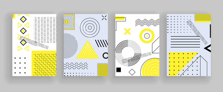 Geometric shapes on banners. Simple figures. Memphis design, retro elements for the Internet, advertising, commercial banner or poster. Abstract vector pattern with simple shapesのイラスト素材