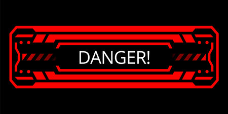 Hud danger alert. Attention vector red interface sign, warning or caution UI. Tech or digital cyber frame. System failure or danger zoneのイラスト素材