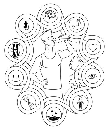 Benefits drinking water in coloring style. Healthy human body hydration, man with bottle drinks water. Icons of advantages. Healthcare drink infographic, lubricated joints and muscle toneのイラスト素材