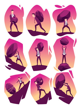 Businessmans with boulders vector illustration set. Stressed mans carry heavy stone on shoulder overwhelmed with problem or task. Crisis problem of business people, challenge, conquering conceptのイラスト素材