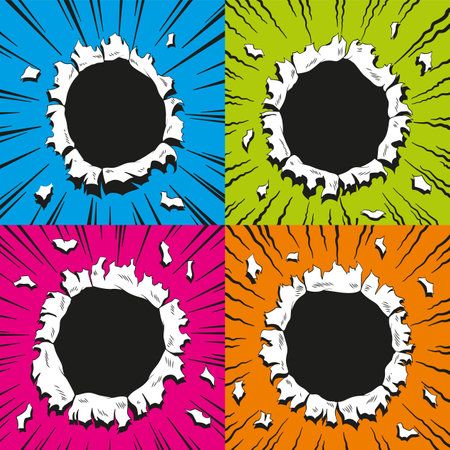 Set of comic book holes. Vector paper is torn through boom explosion. Circle holes in the middle on color backgrounds. Comics style cover template or flyer wallpapersのイラスト素材