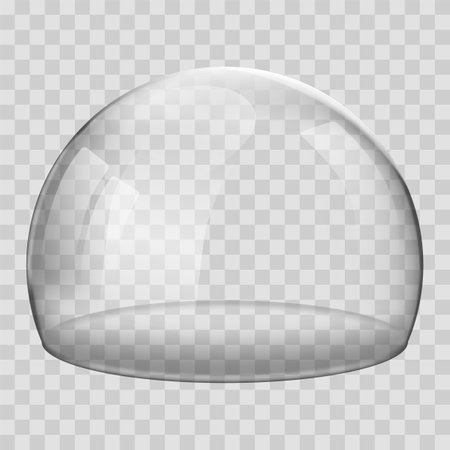 Glass dome. 3D Realistic spherical kitchen utensils, laboratory or exhibition case. Vector isolated glossy shape of showcase safety on transparent backgroundのイラスト素材