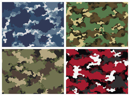 Camouflage texture seamless patterns set. Abstract modern camo backgrounds for fabric and fashion textile print. Woodland style. Textures of classic clothing in masking styleのイラスト素材