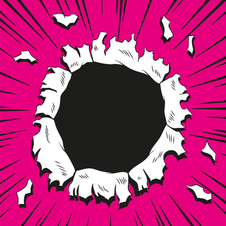 Comic book hole. Vector paper is torn through boom explosion. Circle hole in the middle on green background. Comics style cover template or flyer wallpaperのイラスト素材