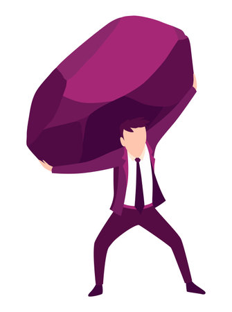 Businessman with boulder vector illustration. Stressed mans carry heavy stone on shoulder overwhelmed with problem or task. Crisis problem of business people, burden, challenge, conquering conceptのイラスト素材