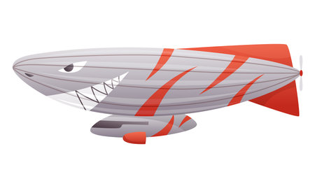 Zeppelin passenger airship. Bright colored cigar shaped balloon or retro zeppelin with stripes cabin for people elongated. Huge balloon with helium for free travel tourism. Vector cartoon artのイラスト素材