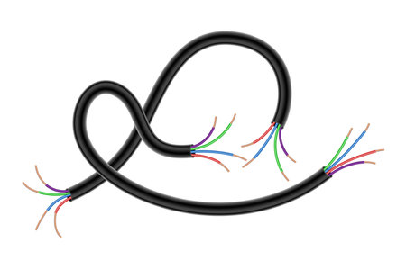 Broken electrical copper wire or cord. Damaged electric power cable. Torn wire with bare wire. Danger electric problem. Color electricity cable. Vector illustration isolated on white backgroundのイラスト素材