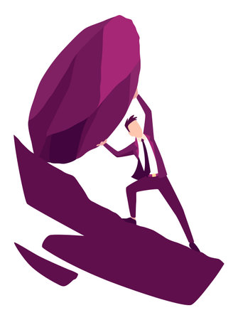 Businessman with boulder vector illustration. Unhappy person push rock or boulder suffer with overwork and responsibility. Crisis problem of business people, burden, challenge, conquering conceptのイラスト素材