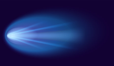 Meteor or comet. Neon space flying meteorite or asteroid, realistic vector illustration. Meteor fire trails isolated. Fireball glowing gas and dust tails at night skyのイラスト素材