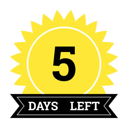 Countdown of days. Number 5 of days left to go. Promotional banner. Price offer promo deal timer, five day only. Stylized counter in black and yellow colorsのイラスト素材