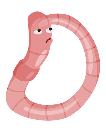 Funny worm. Pink crawler pensive. Earth worm cartoon character, wildlife nature. Insect for kids illustrationのイラスト素材
