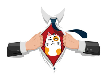 Opening shirt superhero. Office worker or businessman tearing his shirt to show symbol in flat cartoon style. Business success concept in pop art comic style. Vector illustrationのイラスト素材