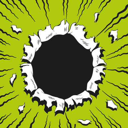 Comic book hole. Vector paper is torn through boom explosion. Circle hole in the middle on green background. Comics style cover template or flyer wallpaperのイラスト素材